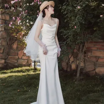 Longos Vestidos de Noiva Simples Spagetti Correia sem Mangas sem encosto Elegante Modesto Vestido de Noiva Em Estoque SWD136
